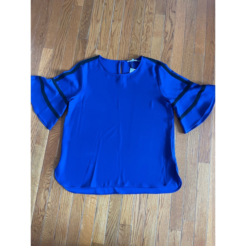 Calvin Klein Shirt Womens Large Blue Bell Sleeve Boxy Stretch Boho Career Casual
